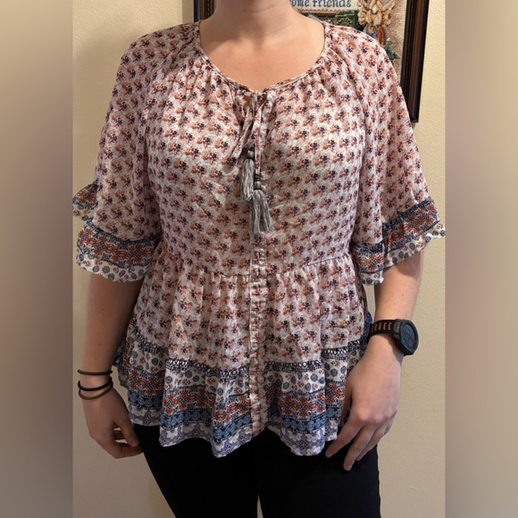 Knox Rose Tops - Knox Rose Floral Peasant Blouse - Red, Blue, White